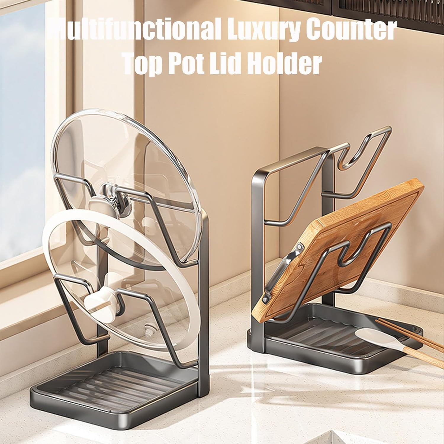 Kitchen Pot Lid Storage Rack, Multifunctional Luxury Counter Top Pot Lid Holder, 304 Stainless Steel Pot Lid Holder While Cooking for Stove Top