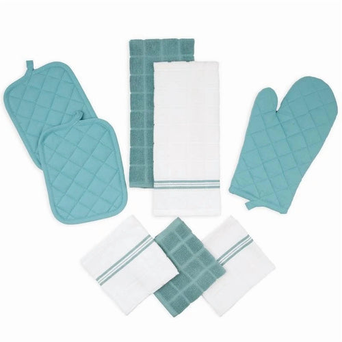 8 Piece Cotton Kitchen Textiles Set Oven Mitts Towels Pot Holders Dishcloths New
