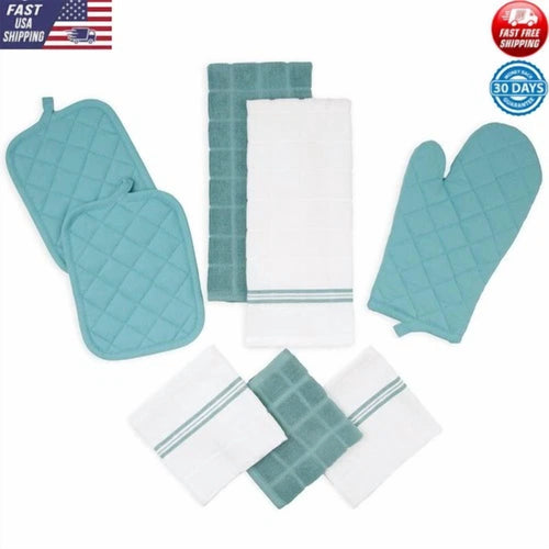 8 Piece Cotton Kitchen Textiles Set Oven Mitts Towels Pot Holders Dishcloths New