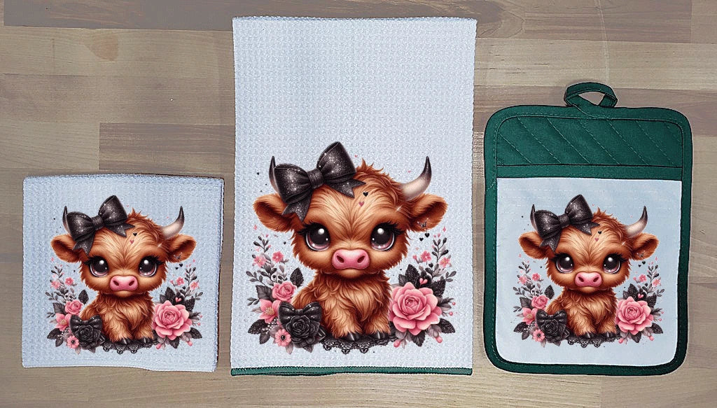 Waffle Weave Towel Washcloth And Pocket Pot Holder - Highland Cow Calf - Dz003Gn